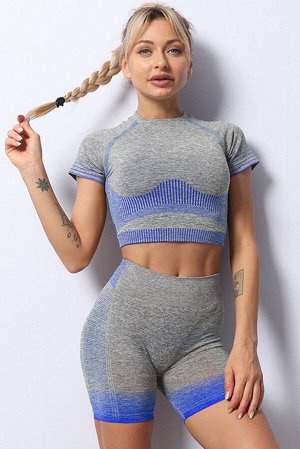 Sky Blue Striped Gradient Color Print Cropped High Waist Sports Wear