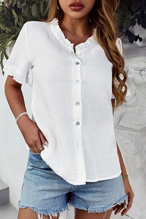 White Frill Trim Crinkle Button Up Shirt