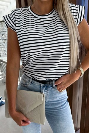 Striped Rolled Cap Sleeve Round Neck T Shirt