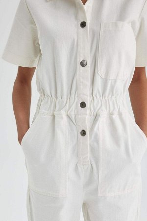 Габардиновый комбинезон с короткими рукавами, классический крой, воротник-рубашка