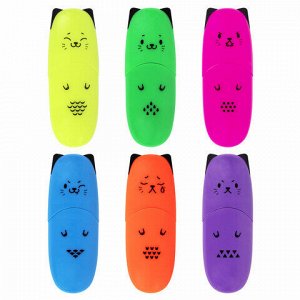 Набор текстовыделителей мини 6 ЦВЕТОВ BRAUBERG KIDS "CUTE CATS NEON", линия 1-5 мм, 152435
