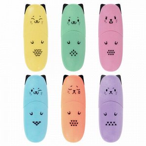 Набор текстовыделителей мини 6 ЦВЕТОВ BRAUBERG KIDS "CUTE CATS PASTEL", линия 1-5 мм, 152436
