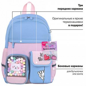 Рюкзак BRAUBERG PASTEL с термонашивками в комплекте, "Friendly bunnies", голубой, 40х29х14 см, 271423