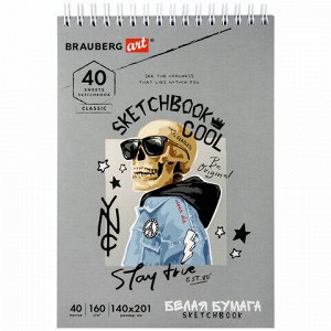 Скетчбук, белая бумага 160 г/м2, 140х201 мм, 40 л., гребень, жесткая подложка, BRAUBERG ART CLASSIC, ассорти, 115071