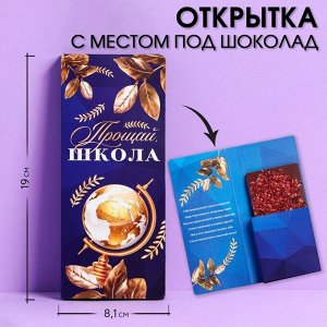 Открытка с местом под шоколадку «Прощай школа», размер 19 см х 8.1 см.