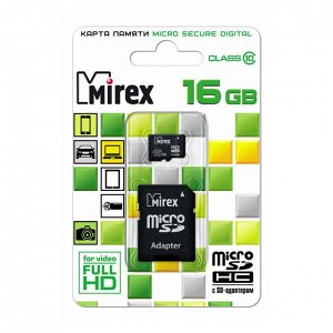 Карта памяти micro-SD Mirex 16GB class 10 + адаптер