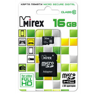 Карта памяти micro-SD Mirex 16GB class 10 + адаптер