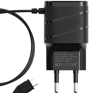 Заряд. устр. сетевое Maxvi TCM-101MB, 1 USB + встр./каб. micro-USB, 1A черный