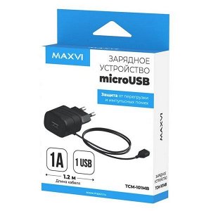 Заряд. устр. сетевое Maxvi TCM-101MB, 1 USB + встр./каб. micro-USB, 1A черный