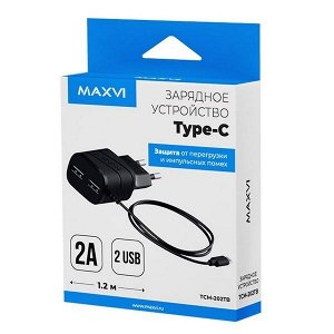 Заряд. устр. сетевое Maxvi TCM-202TB,  USB + встр./каб. Type-C, 2A черный