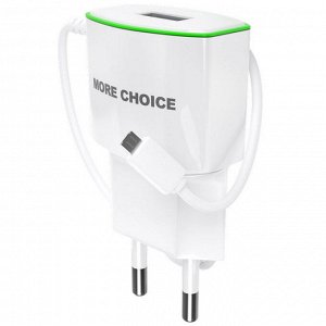 Заряд. устр. сетевое More choice NC40m, 1USB + встр./каб. micro-USB, 1.0A white green