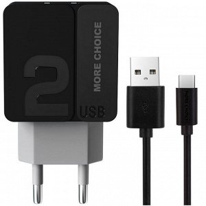 Заряд. устр. сетевое More choice NC46a, 2USB + кабель Type-C, 2.4A black grey