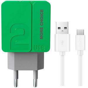 Заряд. устр. сетевое More choice NC46a, 2USB + кабель Type-C, 2.4A green