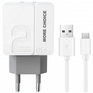 Заряд. устр. сетевое More choice NC46a, 2USB + кабель Type-C, 2.4A white grey