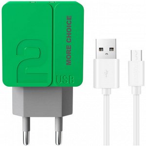 Заряд. устр. сетевое More choice NC46m, 2USB + встр./каб. micro-USB, 2.4A green