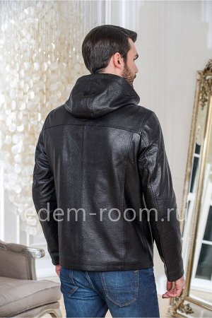 Классическая куртка из натуральной кожи черная с капюшоном