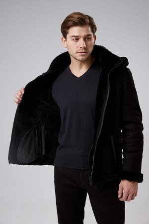 Мужская чёрная куртка - дублёнка с капюшоном