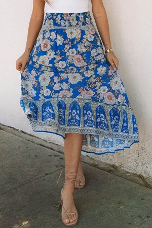 Синяя юбка с цветочным принтом и ассиметричным подолом