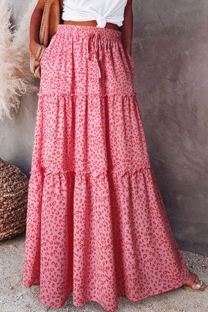 Розовая многоярусная юбка-макси с леопардовым принтом и рюшами
