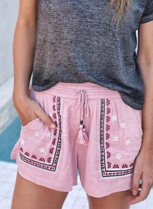 Розовые повседневные шорты в стиле Бохо с вышивкой