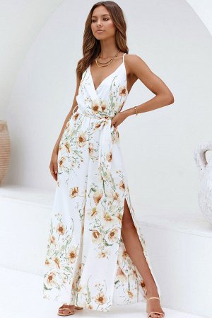 White Poppy Print Belted Cami Wide Leg Jumpsuit