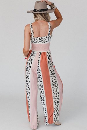 Pink Leopard Color Block Mix Print Pocketed Jumpsuit