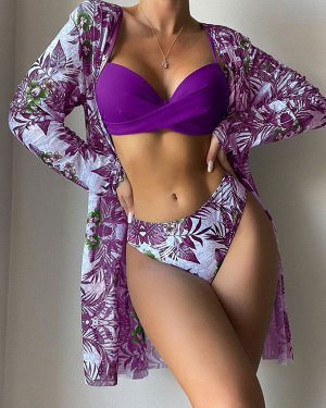 Женский раздельный купальник + накидка, цвет фиолетовый, с принтом