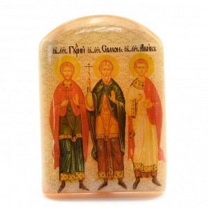 Икона из селенита "Святые мученики и исповедники Гурий, Самон и Авив" арка большая, 50*30*65мм