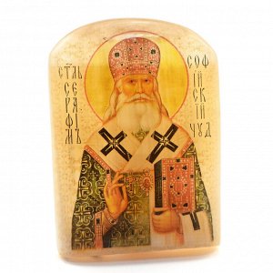 Икона из селенита с подставкой "Серафим Софийский Чудотворец" арка большая, 50*30*65мм
