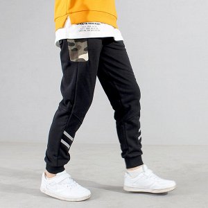 Однотонные спортивные брюки для мальчиков, с камуфляжными вставками и контрастными полосками