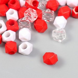 Бусины пластик "Кристалл многогранник. Красный, белый, прозрачный" набор 30 гр 1х1х1 см