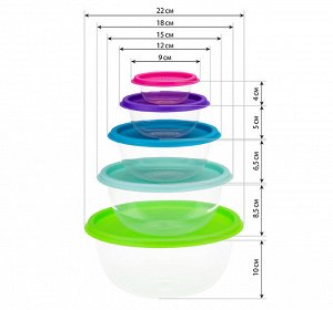 Набор мисок (0,08л+0,2л+0,5л+1,0л+2,0л) [РАДУГА]