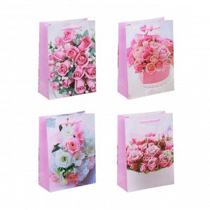 Пакет подарочный бумажный, Розовые розы, 17,5х24х8см, 4 дизайна