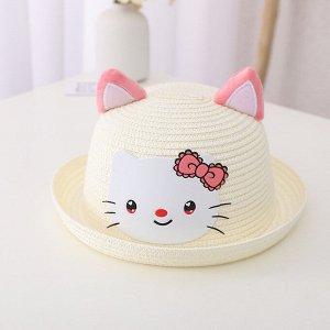 Детская соломенная шляпка с ушками, принт "китти", цвет молочный