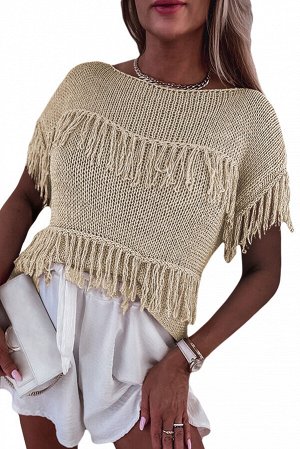 Khaki Crochet Knitted Fringed Short Sleeve Top