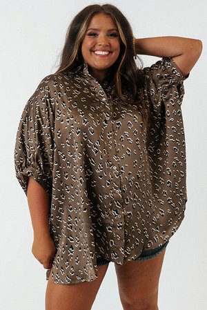 Leopard Buttoned Batwing Sleeve Plus Size Shirt