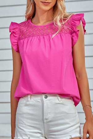Rose Lace Patchwork Round Neck Flutter Sleeve Blouse
