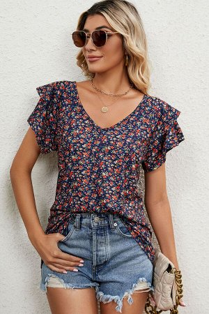 Blue Floral Print Ruffle Tiered Sleeve Blouse