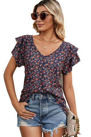 Blue Floral Print Ruffle Tiered Sleeve Blouse