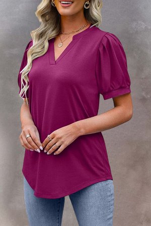 Purple Solid Color Pleated Puff Short Sleeve Top