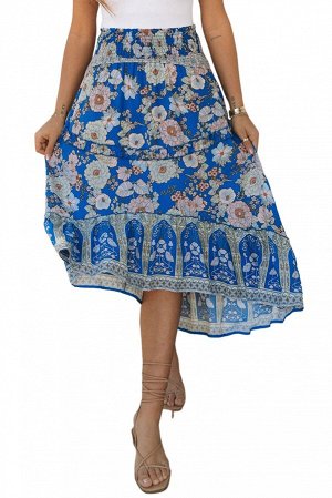 Синяя юбка с цветочным принтом и ассиметричным подолом
