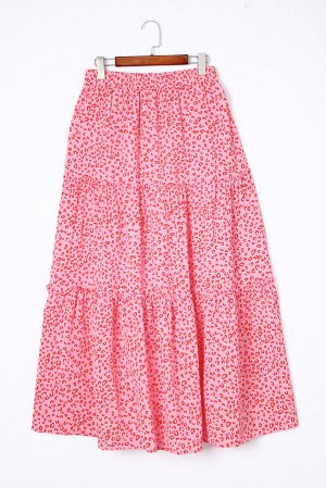 Розовая многоярусная юбка-макси с леопардовым принтом и рюшами