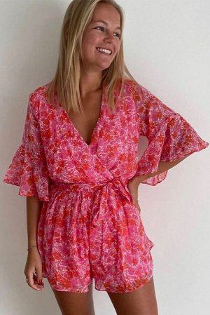 Pink V Neck Ruffled Sleeve Floral Romper