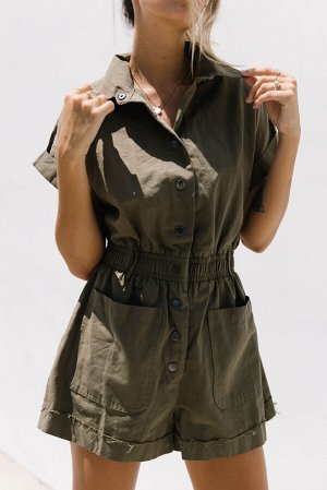 Green Buttoned Pockets High Waist Romper