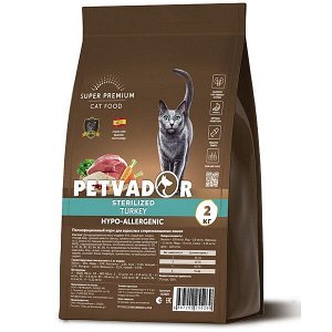 PETVADOR (SUPER-PREM) Полнорационный корм для кастрированных котов и стерилизованных кошек, индейка, 400 гр 1/16
