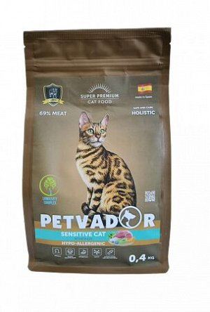 PETVADOR (SUPER-PREM) Полнорационный корм для кошек с чувствительным пищеварением, рыба с индейкой, 400 гр 1/16
