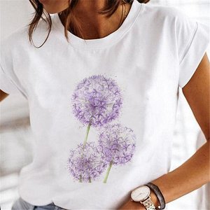 Женская футболка, принт &quot;фиолетовые одуванчики&quot;, цвет белый