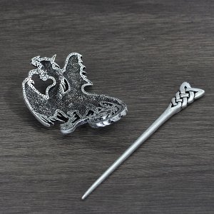 Заколка для волос со шпилькой, в виде "Дракона", цвет серебро (бижутерия)