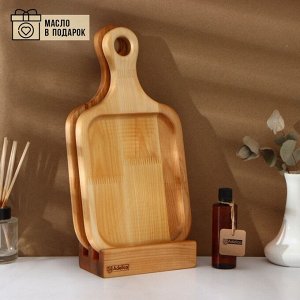 Набор деревянных разделочных досок на подставке 2 шт Adelica: 35x18x2 см, подставка 16x8,5x4 см, масло в подарок 100 мл, пропитаны минеральным маслом, берёза, в подарочной коробке