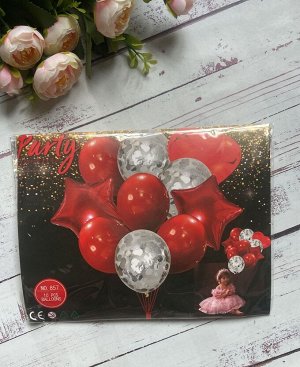 Воздушные шары н-р 7шт латекс 12" и 3 шт фольгированных сердца и звезды, цвет красный / серебро